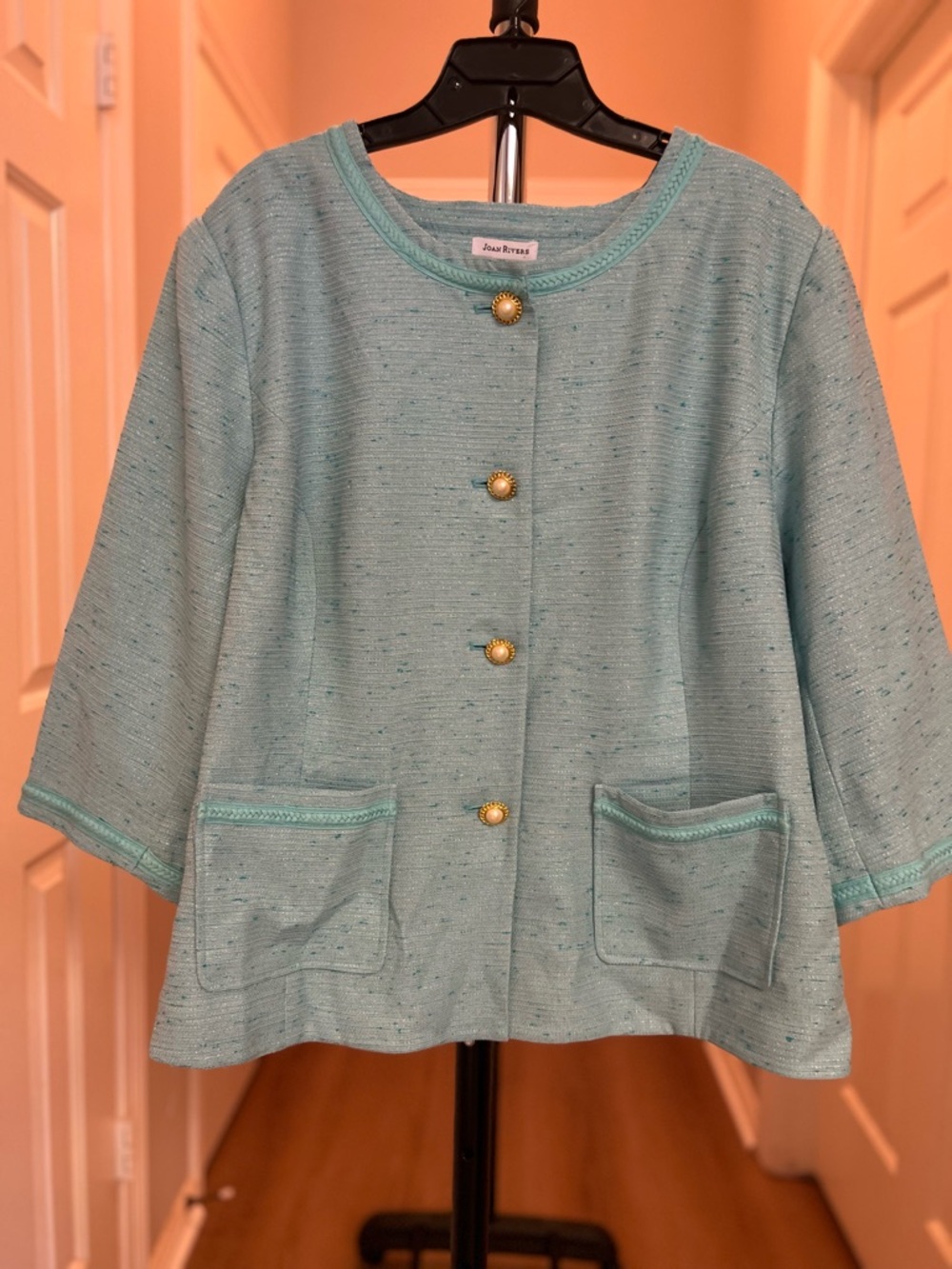 Joan Rivers Light Aqua Tweed Jacket with Gold Buttons